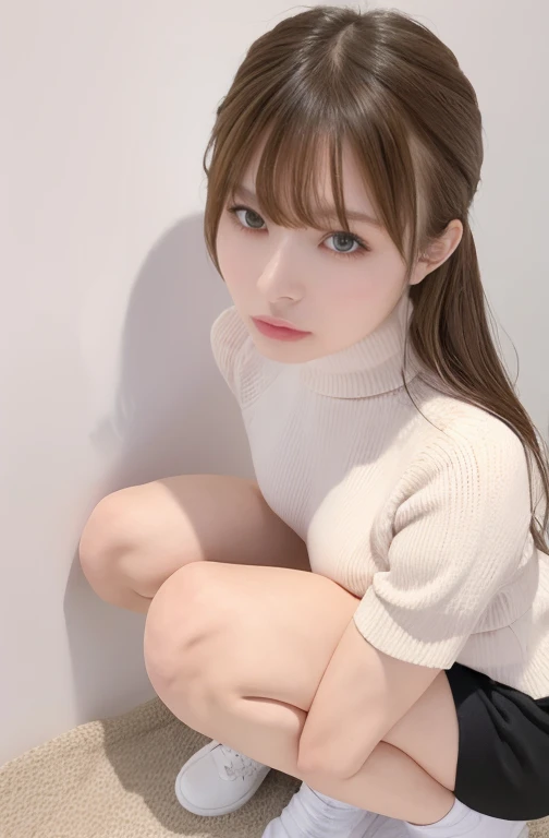High quality, 8K resolution image of a young Japanese beauty, dominant in LoRA, a 20-year-old student with a youthful face, clear quality, large bust, enhanced breasts, nipples prominent, large eyes, double eyelids, droopy eyes, sweating, and an angry expression, silky hair, fair skin, a slim figure, thin shite knit dress with a body outline visible through the thin fabric. a whiteturtleneck knit dress and shorts, squatting with her legs apart, shot from the front. She wears long, saggy loose socks that reach below her knees, baggysockslayerb2e1:1, wear white basketball shoes
