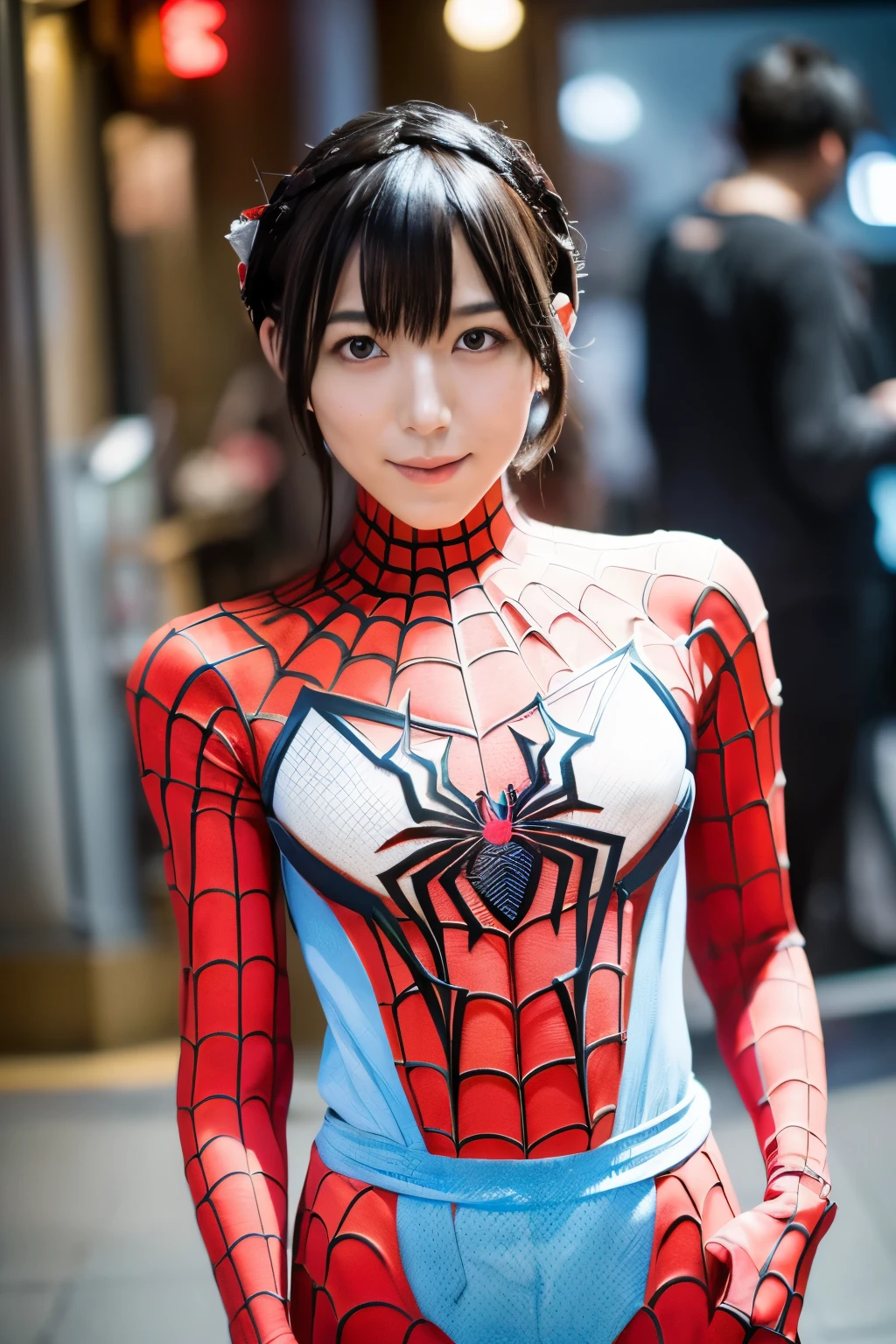 Masterpiece, high quality, high resolution, 8K, ((Skinny Japanese 30s woman in a costume of the movie spider-man)), cute face, natural makeup, detailed face, detailed eyes, a photo that feels endearing, (Full-body photo)