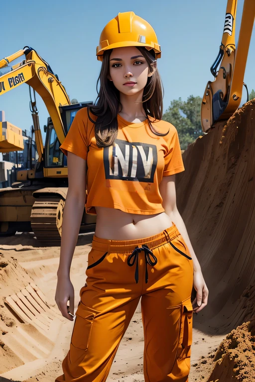 Beautiful sexy girl, brunette, Slavic appearance, posing in front of an excavator next to a trench, dressed with an orange t-shirt, orange work pants, yellow construction helmet on his head, CANALE inscription on chest