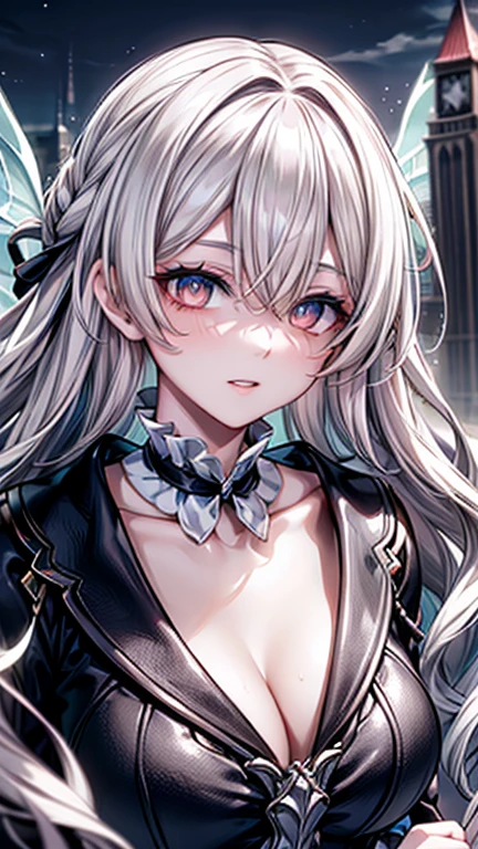 Insanely detailed photograph of a gorgeous vampire man, Gothic Renaissance, Long, thick white hair, Complex white eyes, fantastic, vampire, ethereal, Ultra Detailed, 32k resolution, Dynamic Lighting, Ultra Detailed, Complex details, Popular on artstation, Tricolor, Volumetric Lighting, Balenciaga style