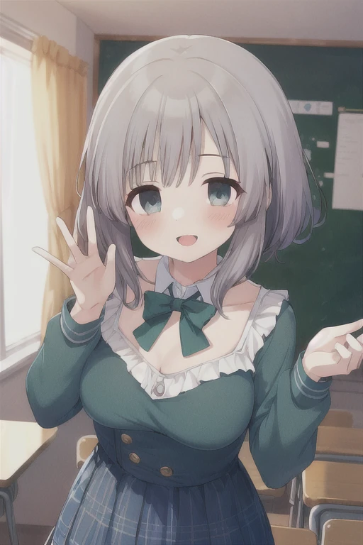 insanely detailed, absurdres, ultra-highres, ultra-detailed, best quality,
1 girl, solo, nice hands, perfect hands,
BREAK,
(wearing school uniform),
happy smile, laugh, open mouth, closed eyes,
dynamic pose, cowboy shot, looking at viewer,
BREAK,
slender, kawaii, perfect symmetrical face, ultra cute girl, ultra cute face, ultra detailed eyes, ultra detailed hair, ultra cute, ultra beautiful,
by Canon EOS, SIGMA Art Lens 35mm F1.4, ISO 200 Shutter Speed 2000,
in classroom,
medium breasts,
BREAK,
(silver medium hair, dark green eyes)