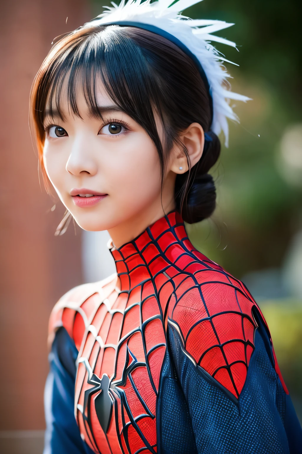 Highest quality, full body detail, golden ratio, (dramatic lighting: 0.7), masterpiece, high angle shot, RAW photo (pale 14 year old female with short hair, looking up at the viewer), cute, (wearing tattered linen underwear, disheveled ), (standing on a playground), full body portrait, perfect face, (((miles Morales))),(((custom Spiderman))),captivating eyes, vivid details, (highly detailed skin), sfw, (blue tint: 0.6), (dirty: 0.8), (bloody : 0.7 ), key lighting, (backlighting: 0.5), depth of field, Canon 5D, 50mm lens, F/4 aperture, (super detail, intricate detail), sharp focus, soft colors, 8k, consciously, 8mm film grain, war photography