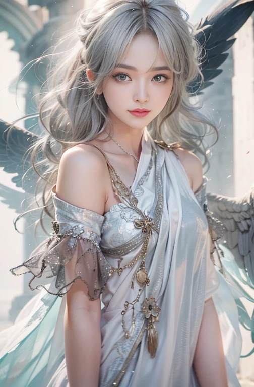 (masterpiece:1.3), (8k, Photorealistic, Raw photo, Best image quality: 1.4), Fair-skinned fairy woman、Long Haircut、Cleavage:2.0、Super detailed face、Attention to detail、double eyelid、Put your chest together、Sharp focus:1.2、Beautiful woman:1.4、Silvery white hair、highest quality、masterpiece、超A high resolution、(Photorealistic:1.4)、Highly detailed and professionally lit smile、Loose, light, Ancient Greek clothing、Shoulder out、thin、Serious expression、Short-haired、Deadly position, gorgeous necklace , one person、whole body, Enormous wings from the latissimus dorsi、Above the Clouds