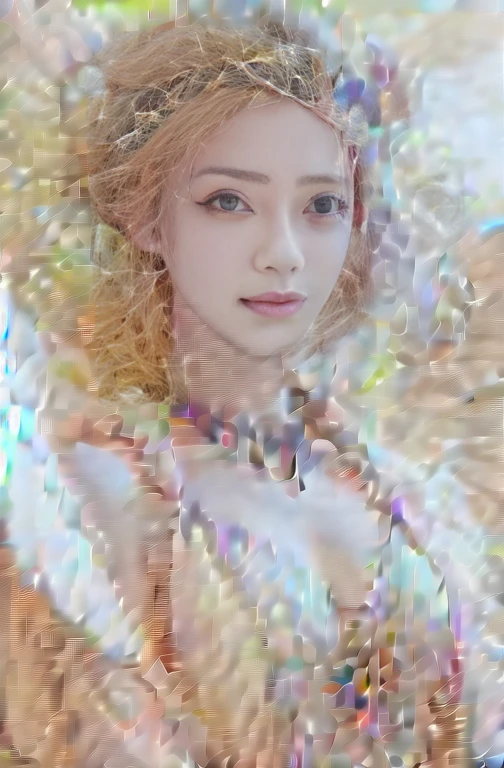 (masterpiece:1.3), (8k, Photorealistic, Raw photo, Best image quality: 1.4), Fair-skinned fairy woman、Long Haircut、Cleavage:2.0、Super detailed face、Attention to detail、double eyelid、Put your chest together、Sharp focus:1.2、Beautiful woman:1.4、Silvery white hair、highest quality、masterpiece、超A high resolution、(Photorealistic:1.4)、Highly detailed and professionally lit smile、Loose, light, Ancient Greek clothing、Shoulder out、thin、Serious expression、Short-haired、Deadly position, gorgeous necklace , one person、whole body, Enormous wings from the latissimus dorsi、Above the Clouds