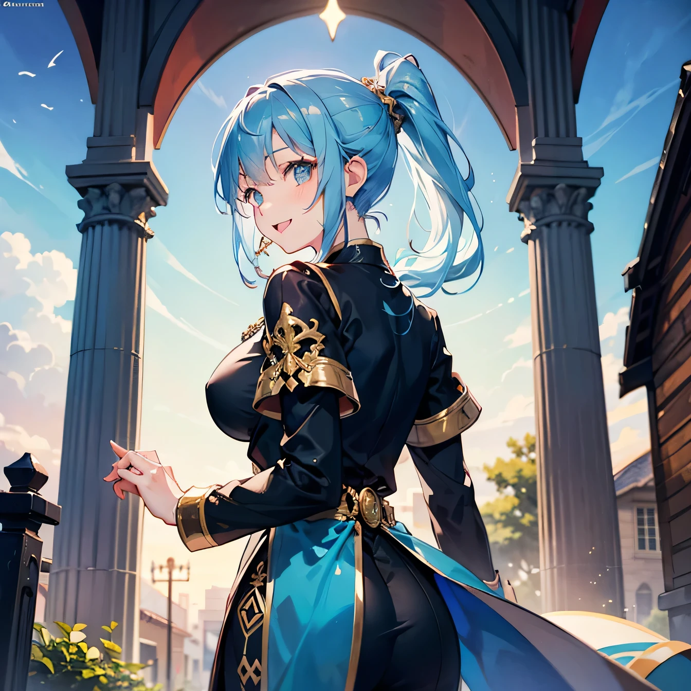 Anime Moe Art Style,highest quality,High resolution,Anatomically correct,One Girl,Mid-s,A girl with light blue hair in a ponytail,Super detailed,Fantasy-style world,Sister,Monastic uniform,Big Breasts,Bright smile,Laughing with your mouth open,Beautiful woman looking back,Outdoor,Church yard,Hanging out the sheets,Eyes drawn in detail,Gold Rosary,8K