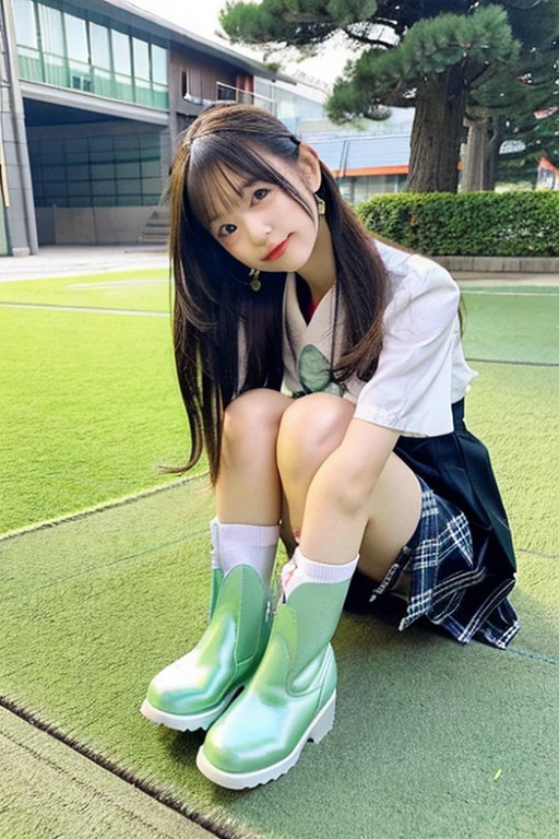 Japan Elementary School Beautiful Girl,Shiny mint green PVC boots with white trim