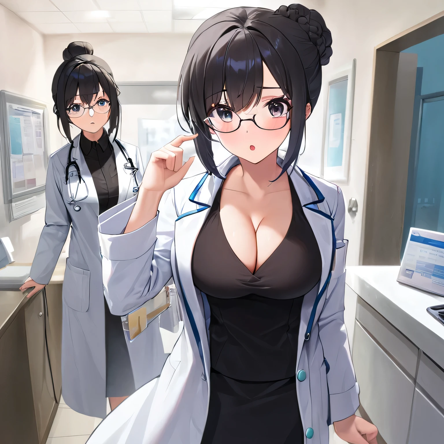 masterpiece, best quality, 1 girl, solo, doctor,black hair,white coat, black shirt, updo,standing,confused ,cleavage,glasses ,clinic , from the front