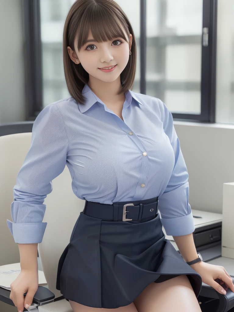 (highest quality:1.2),(8K:1.2),(masterpiece:1.2),(high resolution:1.2),(Photorealistic:1.2),The background is an office with no one in it.,(Huge breasts:1.5),Short Hair,Full Body Shot,(See-through business uniform:1.5),smile,(Slender:1.5),Beauty,(Narrow waist:1.5),(See-through mini skirt:1.5),(Thin and beautiful legs:1.4),Bold sexy pose
