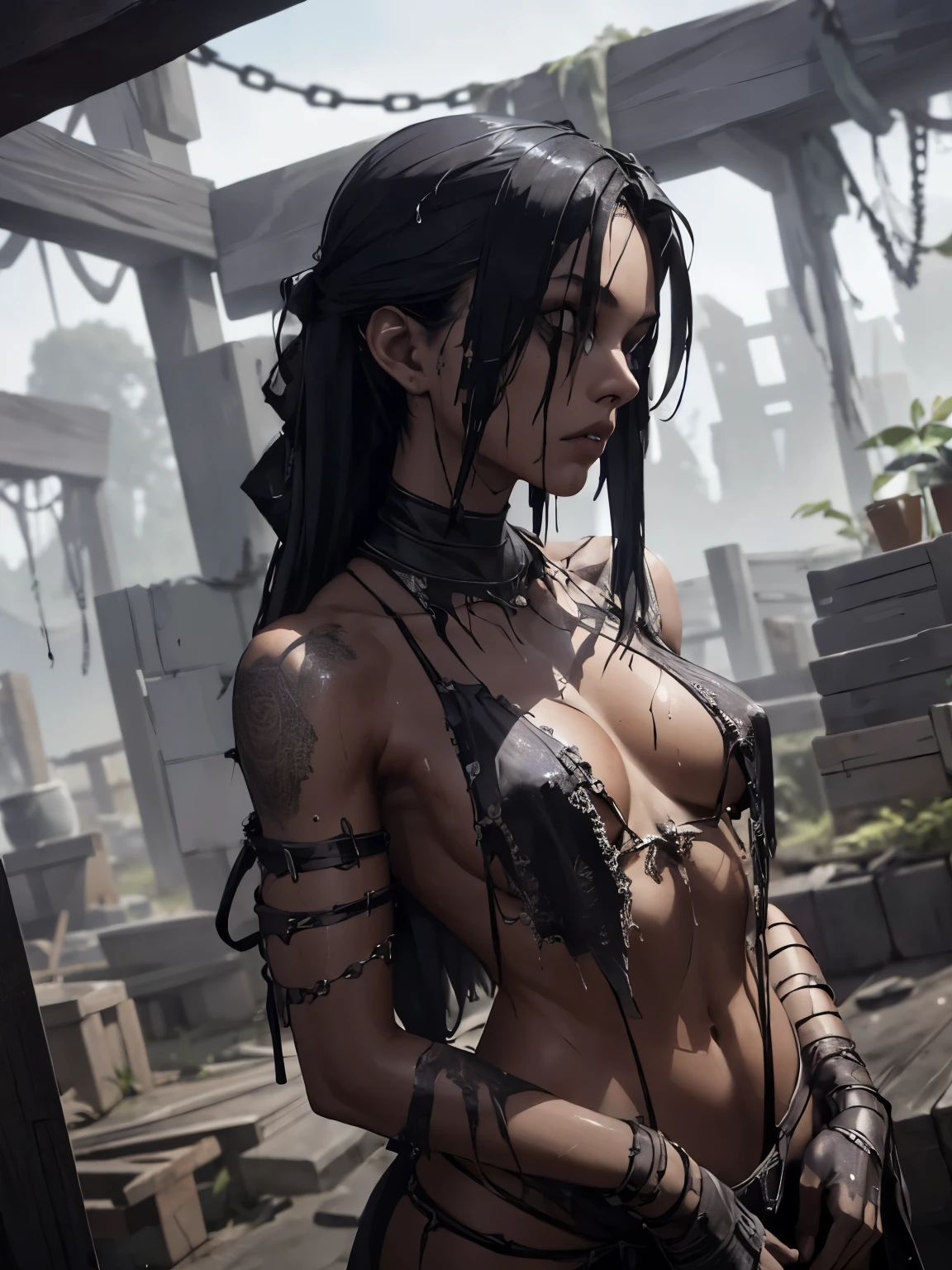 Beautiful Alluring Female Executioner, Bare Skin, Body Covered With grime Sweat and blood, Athletic Well Toned Body, Bare Skin, Inside A Dark Dungeon, Barely Clothed, Chain Bikini, Beautiful Face, Ominous Gothic Theme, Fiverr Dnd Character, Octane Render, Digital Art, Extreme Detail, 4k, Ultra Hd, Polished, Beautiful, Hyperdetailed, Intricate, Elaborate, Meticulous, Photorealistic, Sharp Focus, Wlop, Character Design, Unreal Engine, 3d Rendered, Volumetric Lighting, Reflections, Glossy, Digital Illustration, Sensual Pose, Suggestive Pose