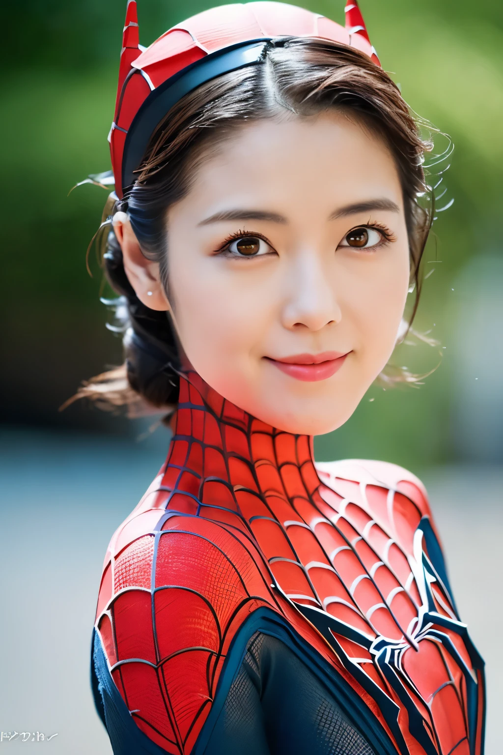 Masterpiece, high quality, high resolution, 8K, ((Skinny Japanese 30s woman in a costume of the movie spider-man)), cute face, natural makeup, detailed face, detailed eyes, a photo that feels endearing, (Full-body photo)