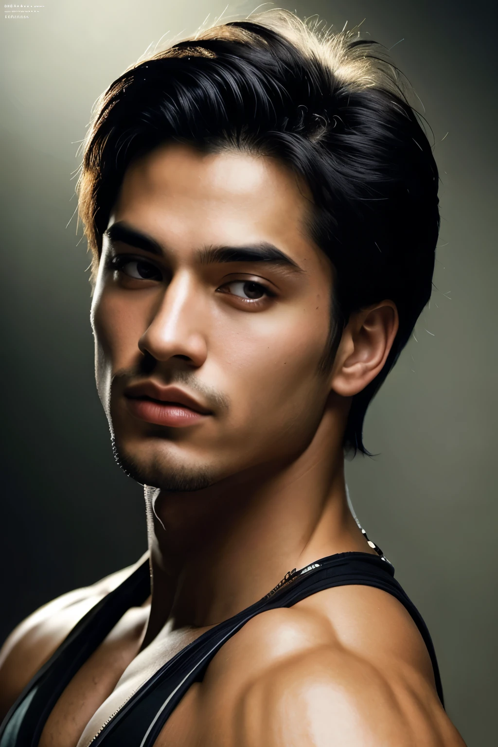 (best quality,ultra-detailed,high resolution,masterpiece:1.2),detailed portrait of a man with extraordinary physique,(realistic,photo-realistic:1.37),epic scene,dark aeshtetic,Japanese artist Rumiko's interpretation of 90s and 80s retro style,fine brushwork,evocative atmosphere,moody lighting,strong contrast, vivid colors,multiple focus points,impeccable attention to facial features and musculature,seamless blending of traditional and contemporary influences,expressive eyes and lips,captivating gaze,impressive body proportions,intricately crafted clothing inspired by the 90s and 80s fashion,confident and charismatic posture,memorable and nostalgic flair.