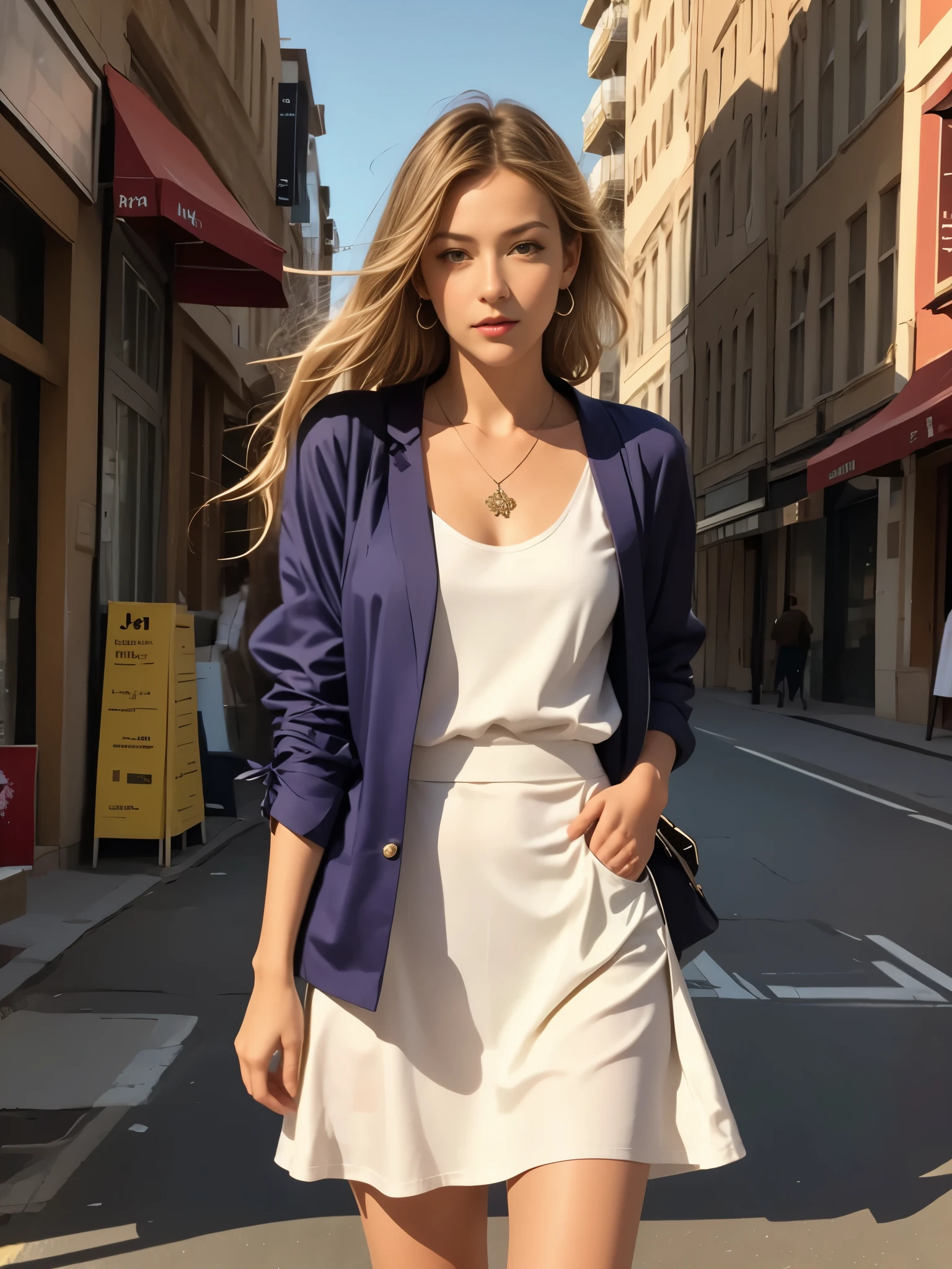 1girl, solo, yorigami jo'on, orange hair, drill hair, eyewear on head, orange eyes, jewelry, bow, white dress, purple jacket, pendant, earrings, hat, standing, hand on hip, looking at viewer, one eye closed, smirk, outdoors, city