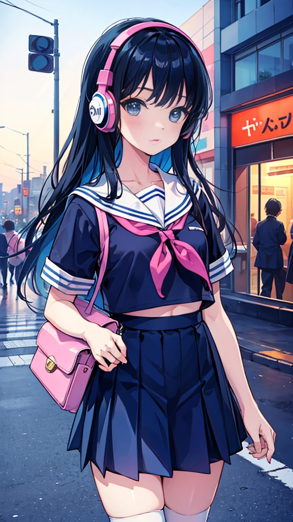 90s City Pop Art、sketch style、lofi girl、Beautiful high school girl、8 headodel、Navy blue sailor uniform、mini skirt、Knee-high socks、Walking around Harajuku、Headphones 1.2、Listening to music、big eye、whole body、1 person、Cowboy Shot