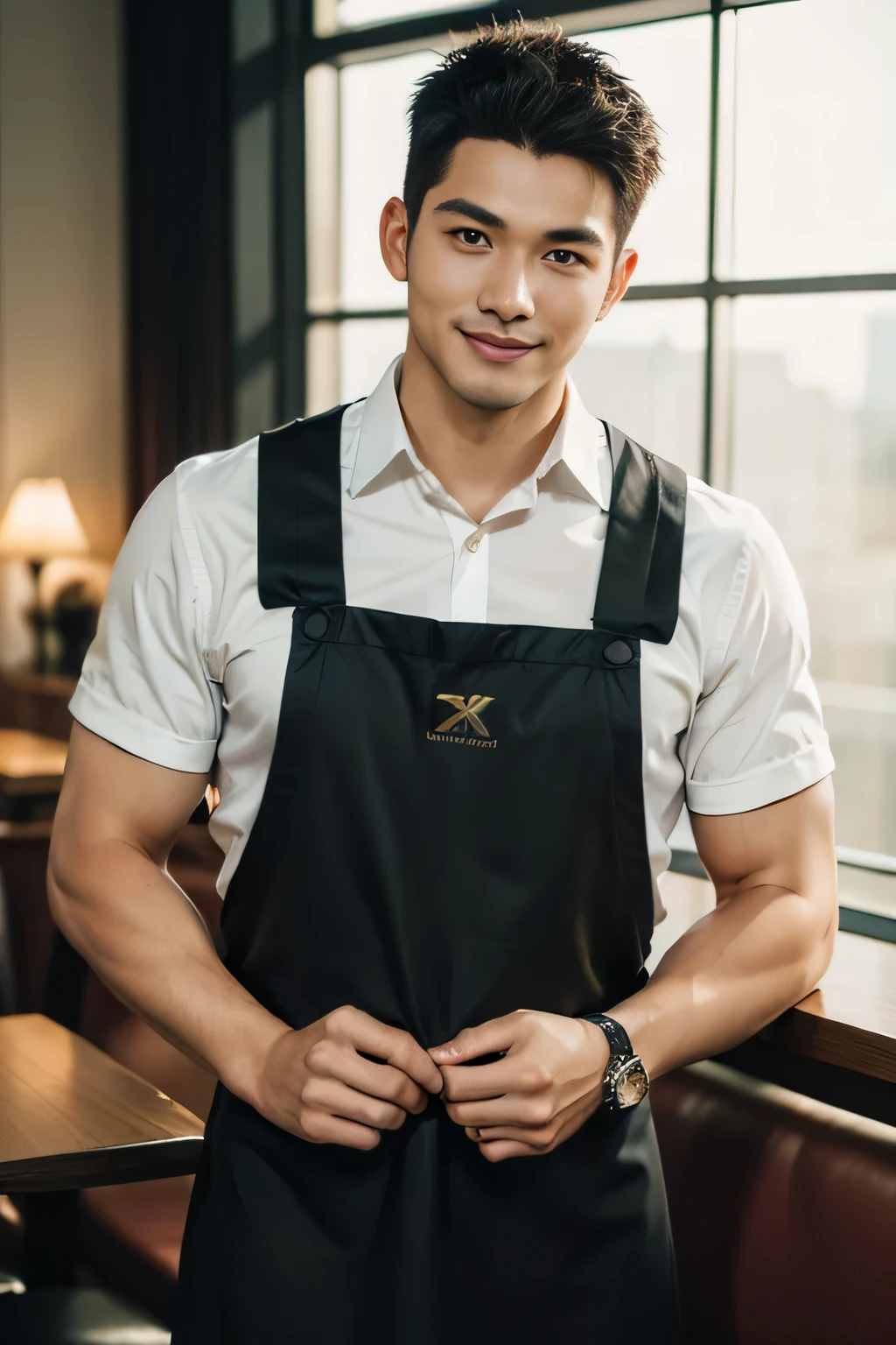 ((Men only)), (cowboy shot), (apron on bare skin), (showing his abs), (handsome muscular male waiter in his 30s), (in the restaurant), (Mischievous smile), (detaile: 1 in 1), Natural muscles, HIG quality, beautidful eyes, (Detailed face and eyes), (Face、: 1 / 2), Noise, Real Photographics、... .................................................................................................................PSD, Sharp Focus, High resolution 8K, realisitic & Professional Photography, 8K UHD, Soft lighting, High quality, Film grain, FujifilmXT3