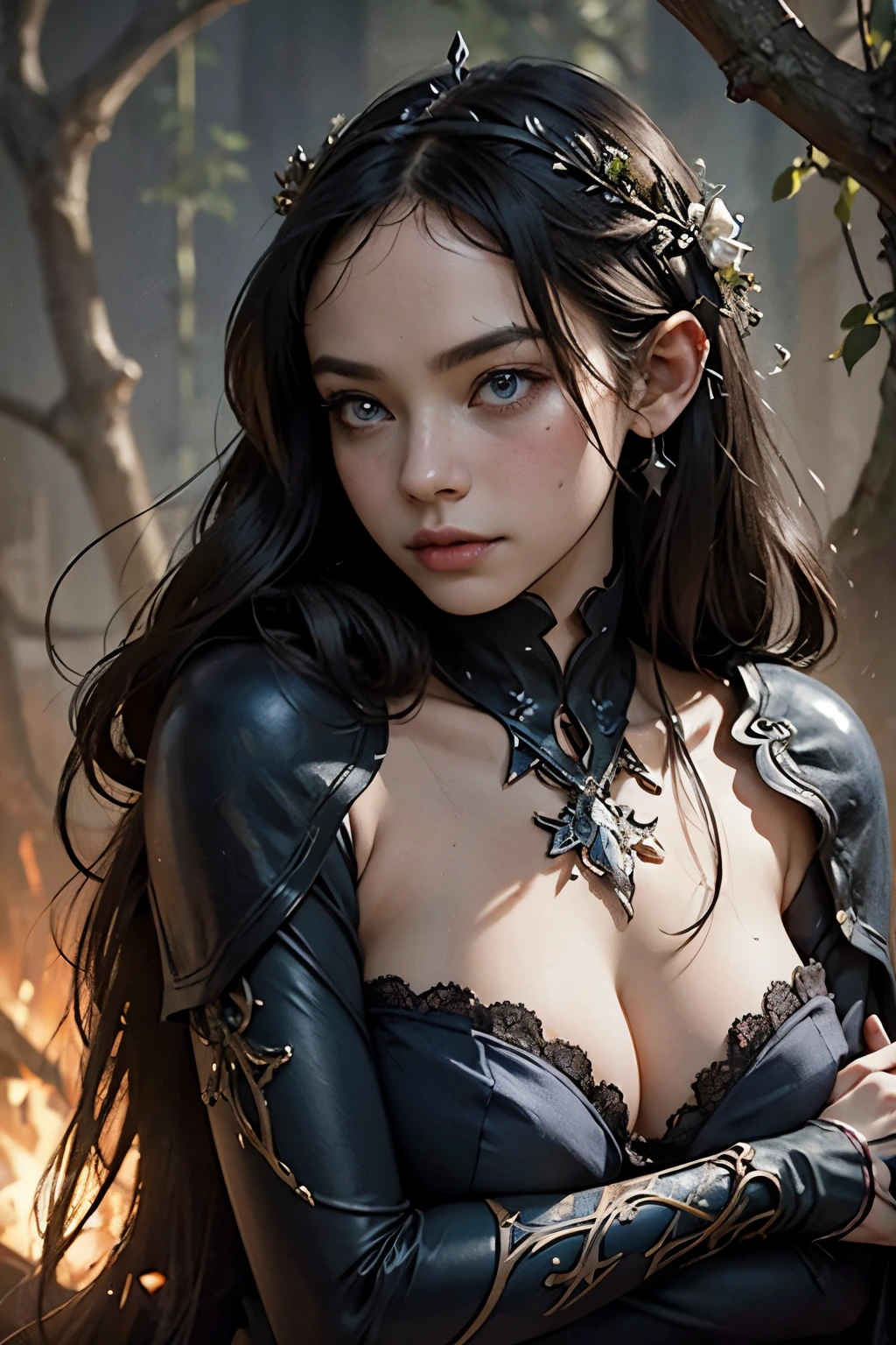 Epic art by Apterus, masterpiece, beautiful face, soft charming smile, cosmic elven queen, monsters in the background, hugging shoulder, sexy pose, official art, ultra detailed, beautiful and aesthetic, dynamic angle, portrait, elegant, brutalist designed, vivid colours, dark and moody, plants and branches, trending on artstation, zwd, zuowangdao