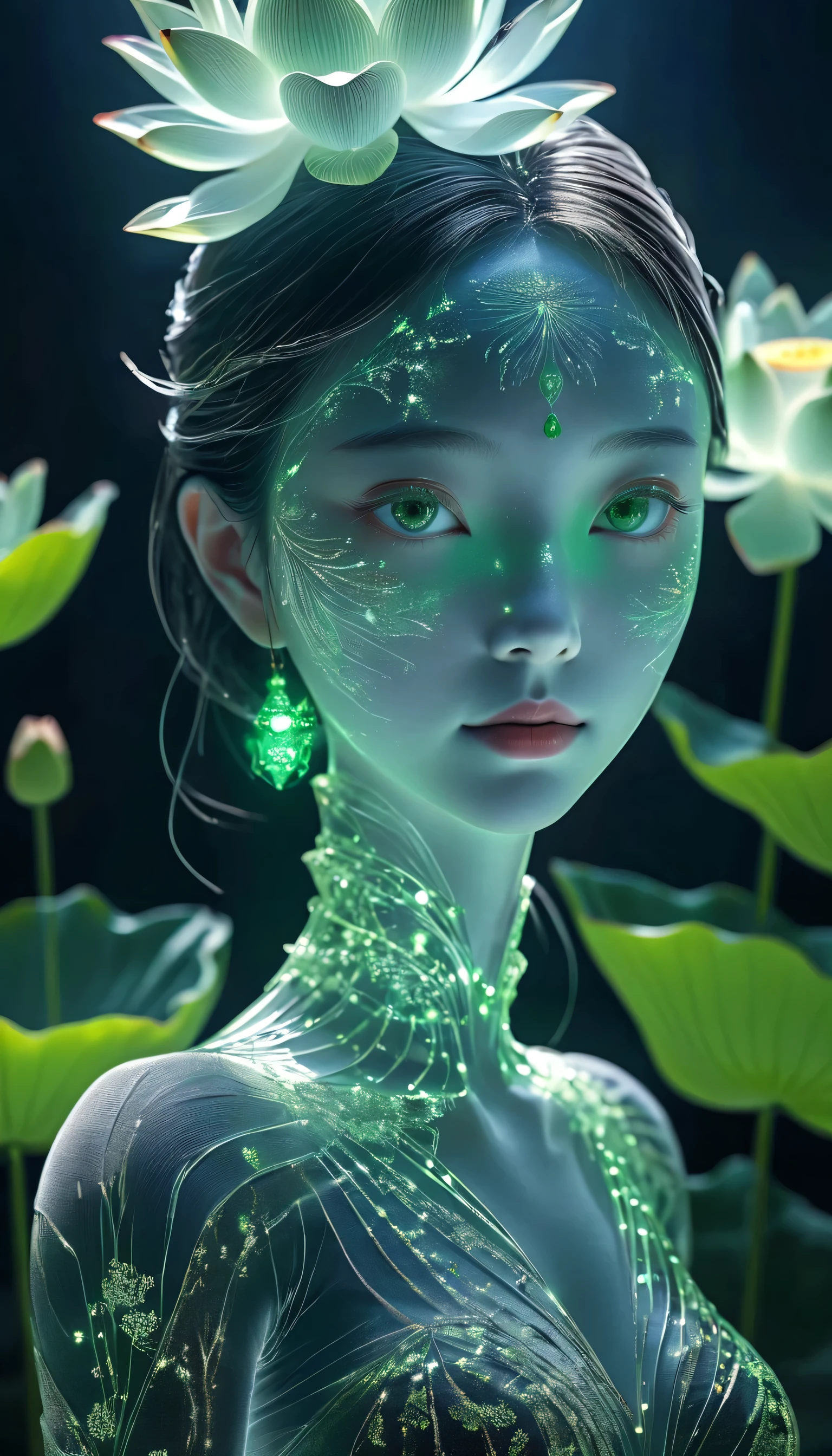 high resolution, Super detailed, (1 woman:1.3),Beautiful face，Art，（lotus）
Rest in the sun, reverberation, Experimental photography, Surreal contrasts, Eye-Catching Visuals, ArtAbstract,Atmosphere Breaking Cut Art, Layered contours, Complex Mode, Exquisite craftsmanship, shadow play, Depth and size, creative expression,
Break Art, Frozen sculpture, translucent form, short-lived beauty, Crystal structure, Exquisite craftsmanship, Touch,
Broken Green Eye,Body Glow，glowing lines，Fluorescence,Glow Example，Sample tracking，flash，萤Light Particles，Backlight，translucent，Light Particles