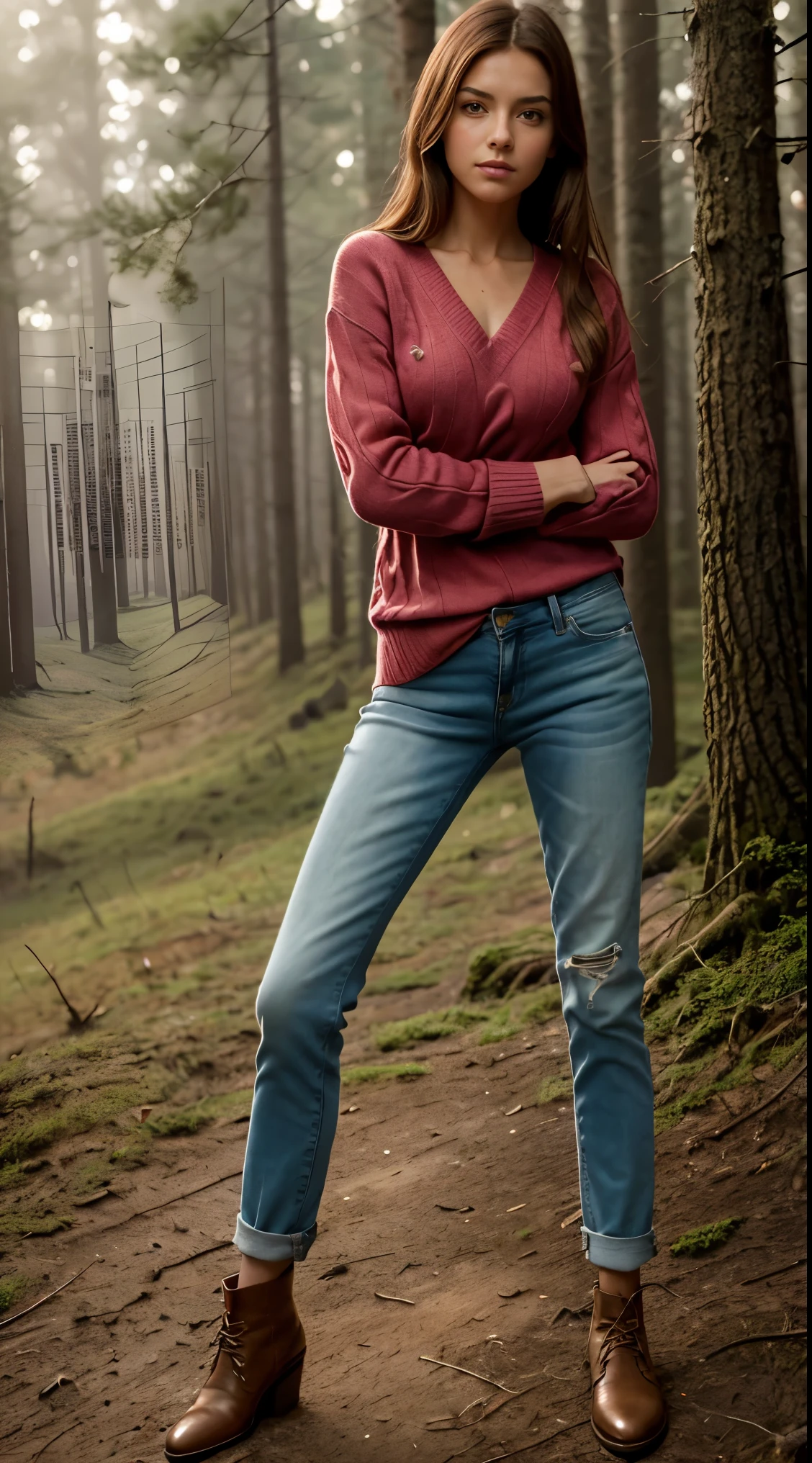 Photorealistic, (full body:1.8), low angle, (seen from below), a spanish young woman, (long sleeve v-neck wool sweater:1.8), (thight low rise jeans), a hyperrealistic beautiful young girl with grayish blue eyes in glasses, (small tits:1.8), (hips and groin showing: 1.5), high detailed official artwork, beautiful girl with slim body and sensual posture, long legs, attractive young woman, (atractive poses:1.3), (crossed arms holding her up:1.8), at bench in the (natural foggy forest:1.2), natural background, dubnitskiy david fanart, realistic portrait, smooth photorealistic, perfect visual of a cute girl, cute girl with skinice soft face, face focus, makoto shinkai and artgerm, photon mapping, natural light, warm color tones, vivid colors, cool ambient, foggy atmosphere