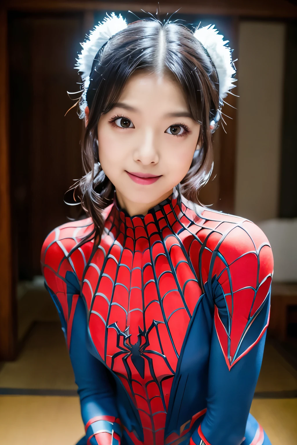 Masterpiece, high quality, high resolution, 8K, ((Skinny Japanese 30s woman in a costume of the movie spider-man)), cute face, natural makeup, detailed face, detailed eyes, a photo that feels endearing, (Full-body photo)