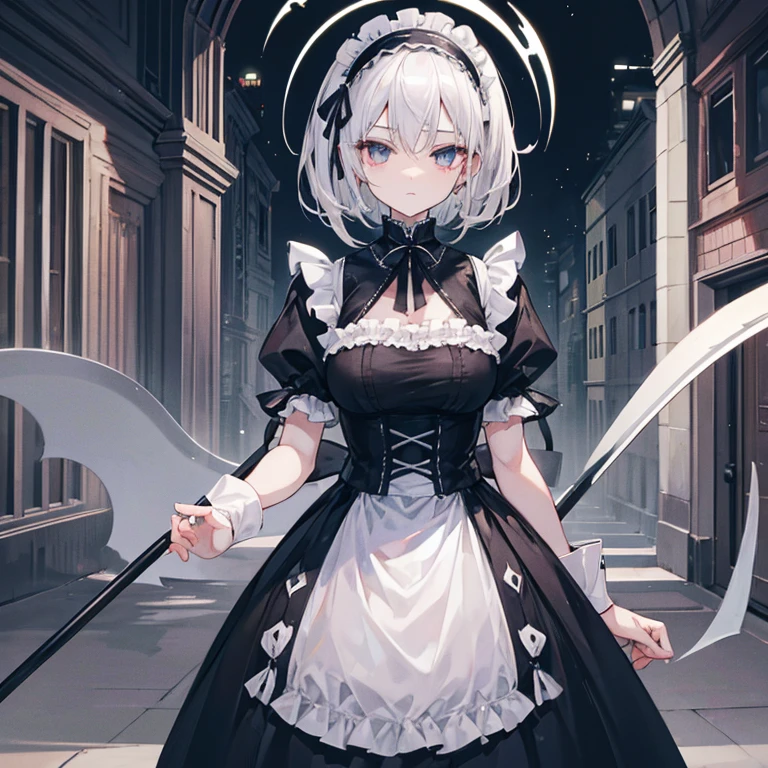 Big Scythe　Maid　Silver Hair　Eyes are gray　Expressionless　Blood on the face　Short Hair　Headband　Mansion at night　Bandages on hands