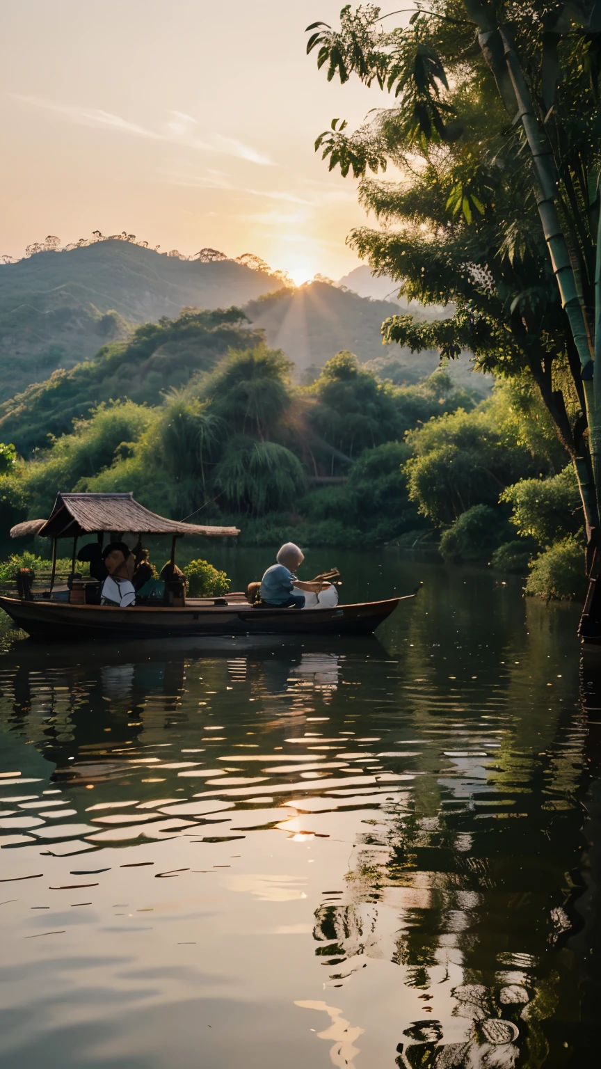 8k, high quality, vietnamese background, a sunset afternoon, a small lake, a bamboo bush by the lake with bamboo shadows on the water, a small fishing boat on the lake, a white-haired old man on the boat fishing go fishing