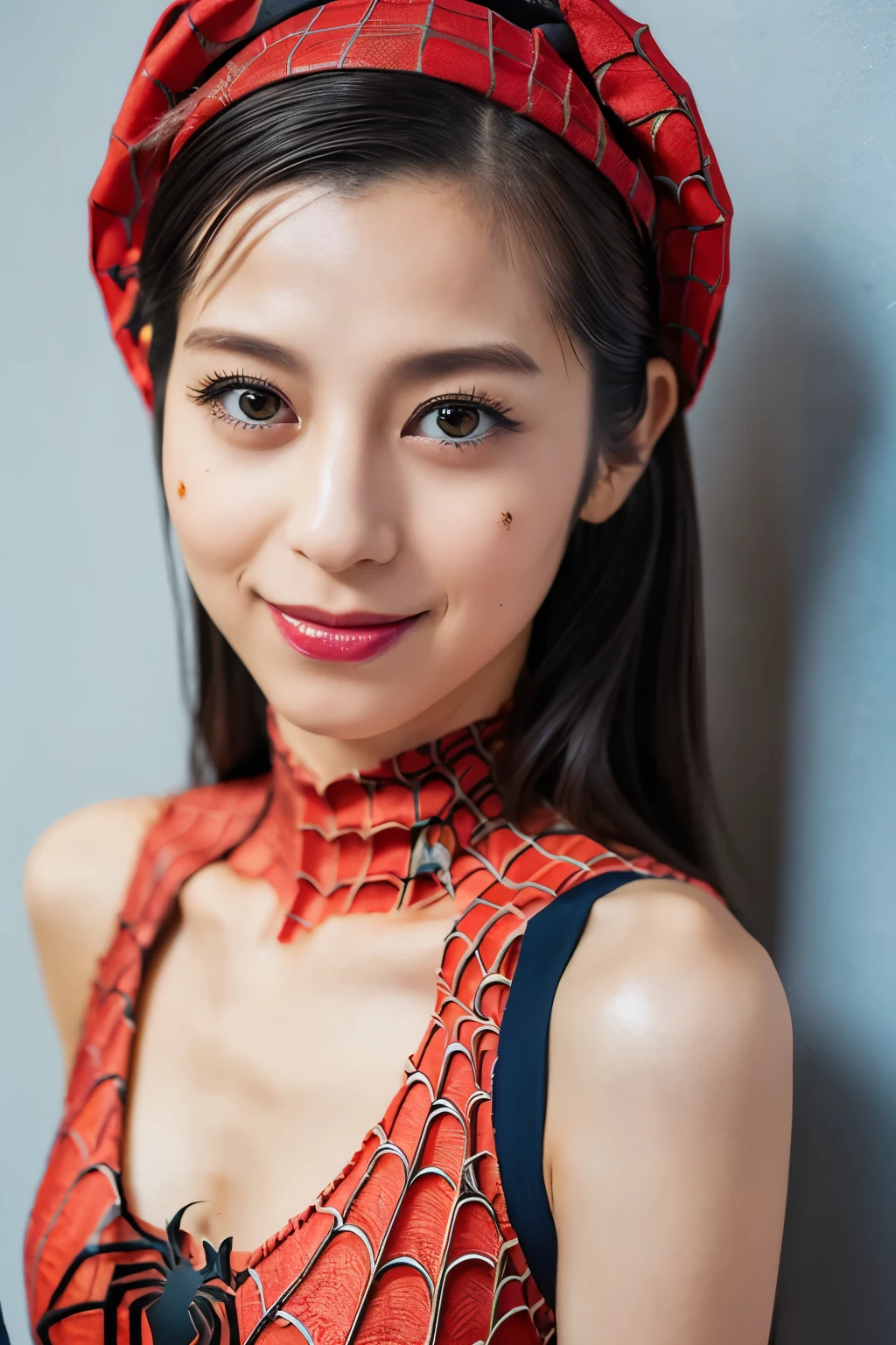 Masterpiece, high quality, high resolution, 8K, ((Skinny Japanese 30s woman in a costume of the movie spider-man)), cute face, natural makeup, detailed face, detailed eyes, a photo that feels endearing, (Full-body photo)