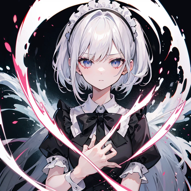 Big Scythe　Maid　Silver Hair　Eyes are gray　Expressionless　顔にBlood splatter　Short Hair　Headband　Mansion at night　Bandages on hands　鎌を持った死神Maid　Blood splatter　Looking at me