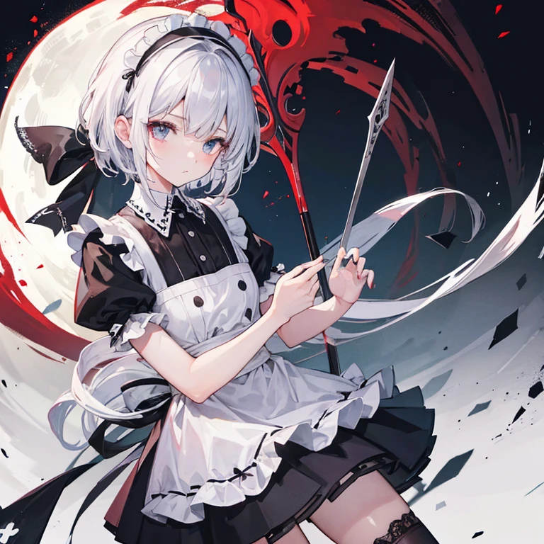 Big Scythe　Maid　Silver Hair　Eyes are gray　Expressionless　顔にBlood splatter　Short Hair　Headband　Mansion at night　Bandages on hands　鎌を持った死神Maid　Blood splatter　Looking at me