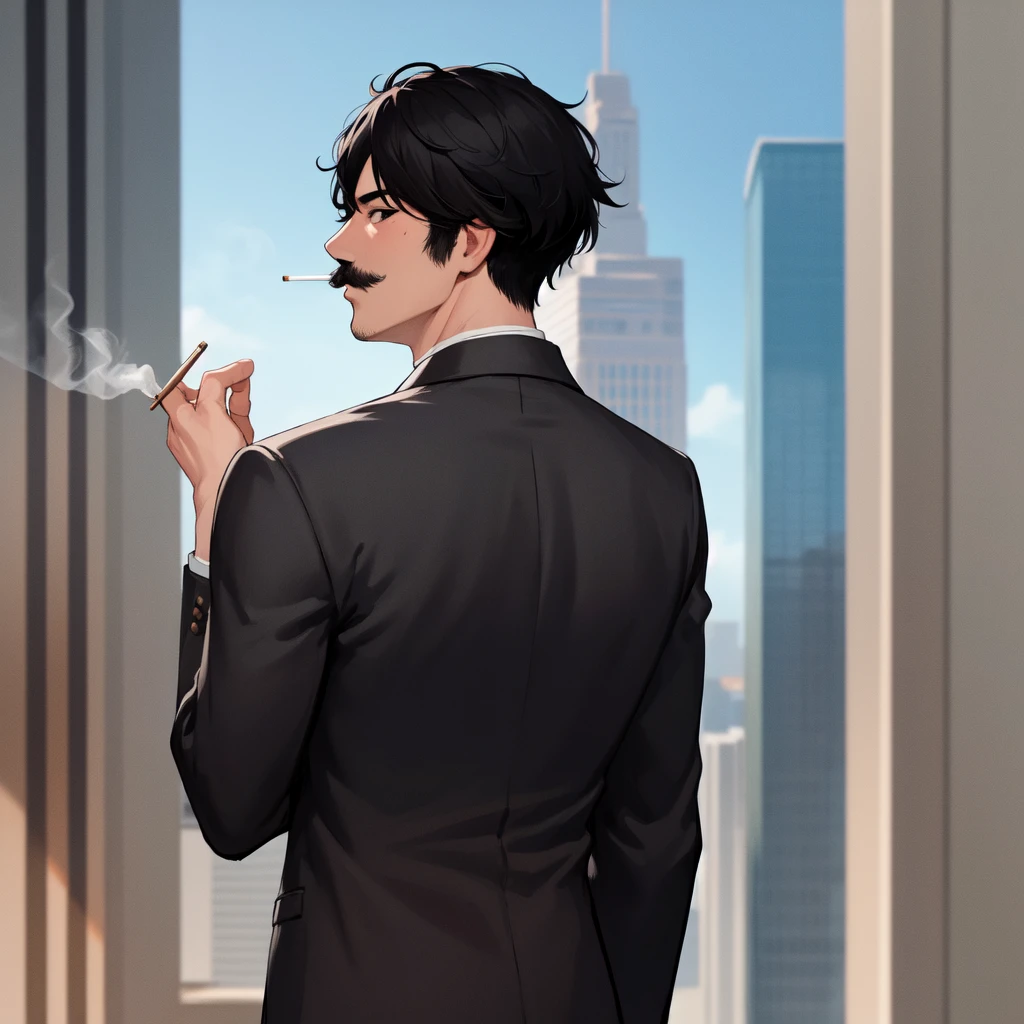 1boy, short black hair, black eyes, black mustache, wearing black suit, smoking cigarette, city, absurdres, high res, ultrasharp, 8K, masterpiece, looking from behind
