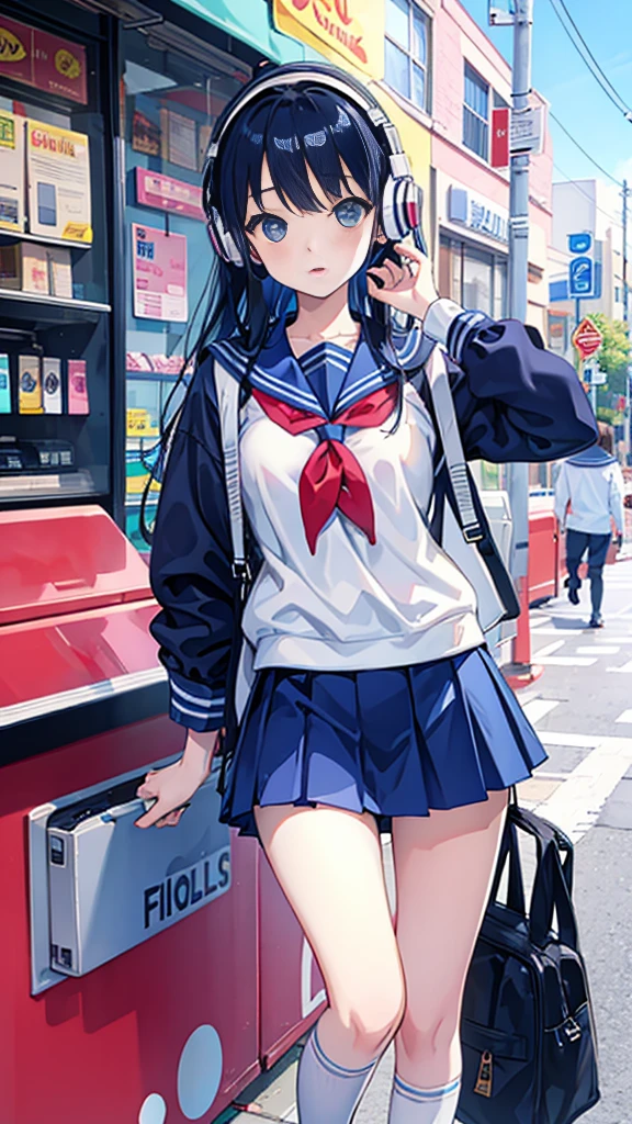 90s City Pop Art、sketch style、lofi girl、Beautiful high school girl、8 headodel、Navy blue sailor uniform、White sweater、mini skirt、Knee-high socks、Walking around Harajuku、Headphones 1.2、Listening to music、big eye、whole body、1 person、Cowboy Shot