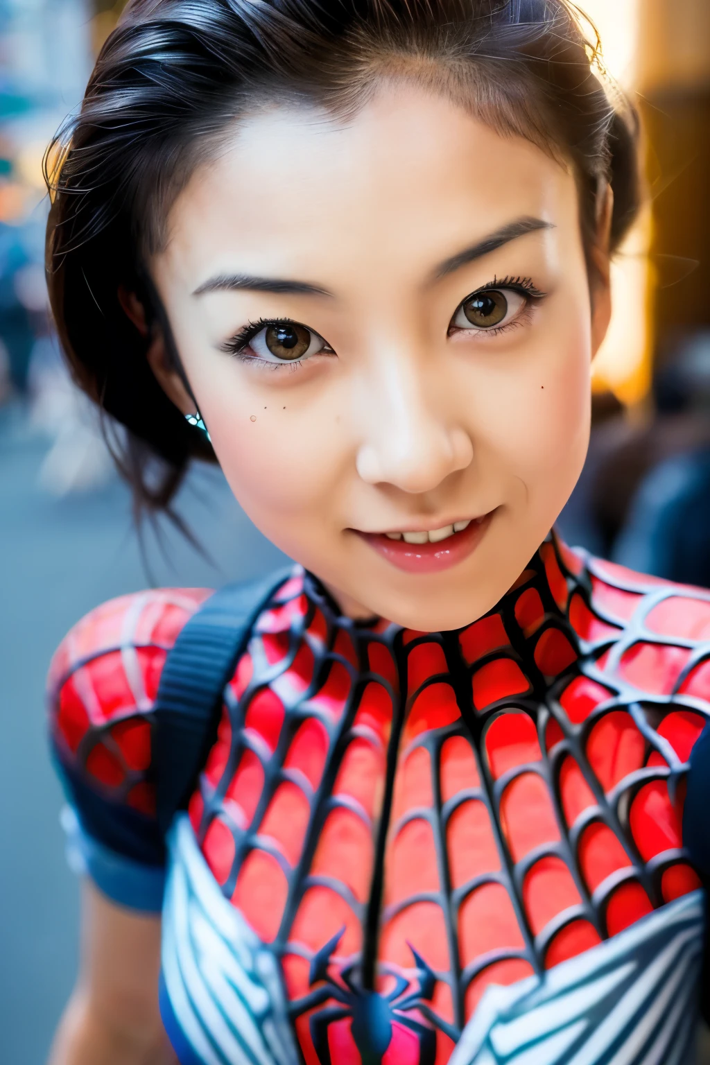 Masterpiece, high quality, high resolution, 8K, ((Skinny Japanese 30s woman in a costume of the movie spider-man)), cute face, natural makeup, detailed face, detailed eyes, a photo that feels endearing, (Full-body photo)