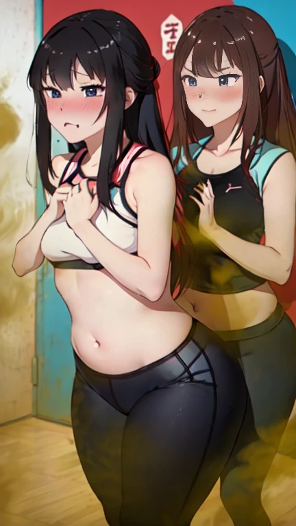2 chinese girls, both farting side by side, desperate to poop, in gym, farting while working out, stomach growling, wearing yoga pants and exercise clothes, malaysian chinese girl, tomboy, stomach bloated, hands hugging stomach, pained expression, shocked and embarrassed, mouth open in shock, blushing, beautiful and cute face, anime art style, fit body, tall and thin, view from front