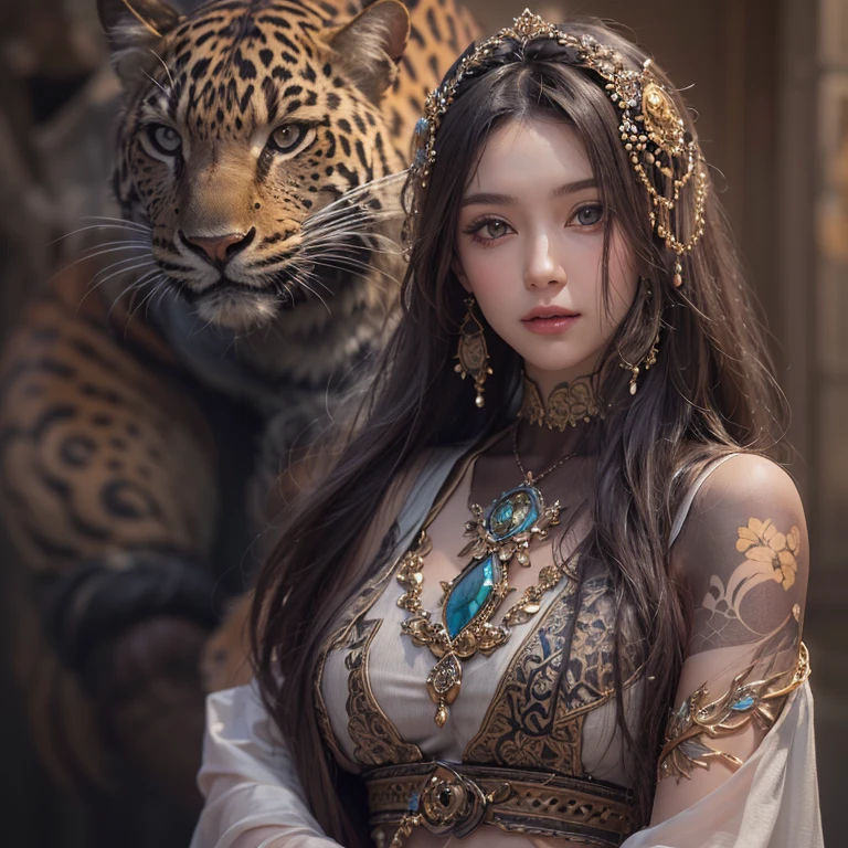 Hide in the desert、Hair flows、 ((highest quality、masterpiece、8k、best image quality、ultra high resolution、Award-winning work)、(accurate anatomy:1.1)、(look at me and smile:1.1)、Shining fair skin with ultra high resolution、most detailed face、ultra high resolution detailed face、ultra high resolutionの髪の毛、(ultra high resolutionの煌めく瞳:1.1)、Beautiful face drawn in every detail、(blurred background:1.1)、ancient Islamic clothes, chest together, tattoo, Old ruins in the background、black leopard