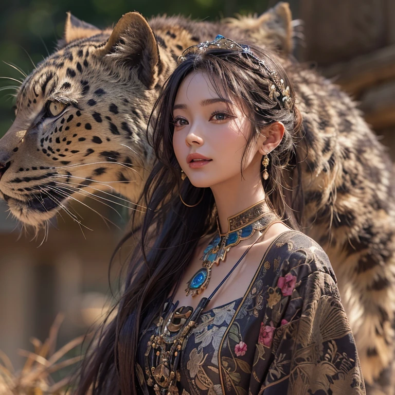 Hide in the desert、Hair flows、 ((highest quality、masterpiece、8k、best image quality、ultra high resolution、Award-winning work)、(accurate anatomy:1.1)、(look at me and smile:1.1)、Shining fair skin with ultra high resolution、most detailed face、ultra high resolution detailed face、ultra high resolutionの髪の毛、(ultra high resolutionの煌めく瞳:1.1)、Beautiful face drawn in every detail、(blurred background:1.1)、ancient Islamic clothes, chest together, tattoo, Old ruins in the background、black leopard