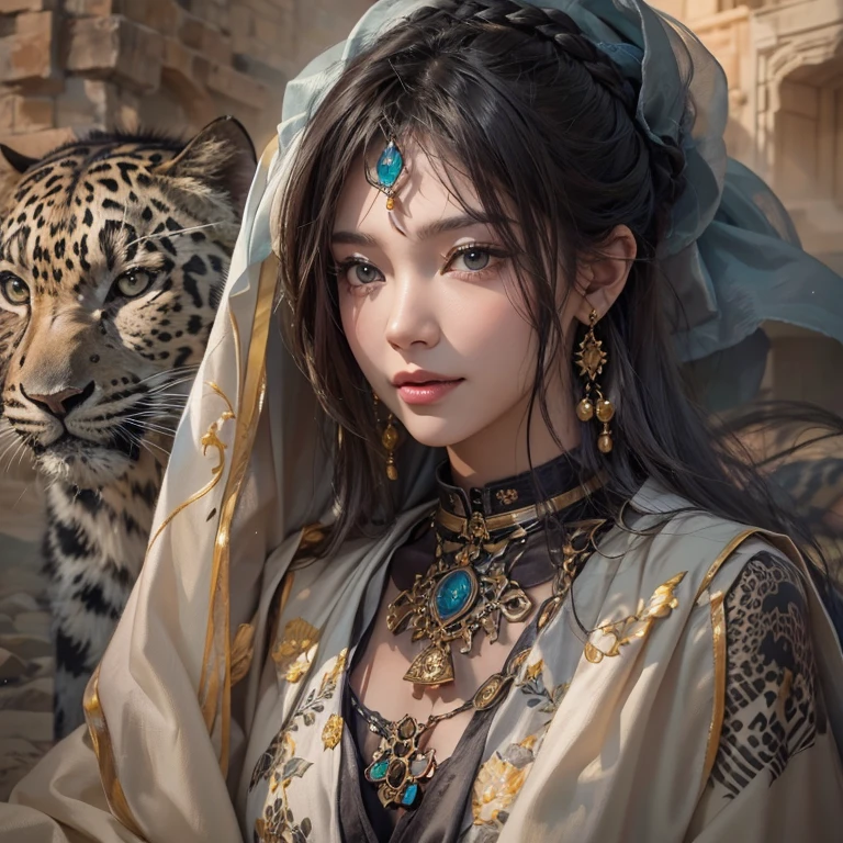 Hide in the desert、Hair flows、 ((highest quality、masterpiece、8k、best image quality、ultra high resolution、Award-winning work)、(accurate anatomy:1.1)、(look at me and smile:1.1)、Shining fair skin with ultra high resolution、most detailed face、ultra high resolution detailed face、ultra high resolutionの髪の毛、(ultra high resolutionの煌めく瞳:1.1)、Beautiful face drawn in every detail、(blurred background:1.1)、ancient Islamic clothes, chest together, tattoo, Old ruins in the background、black leopard 