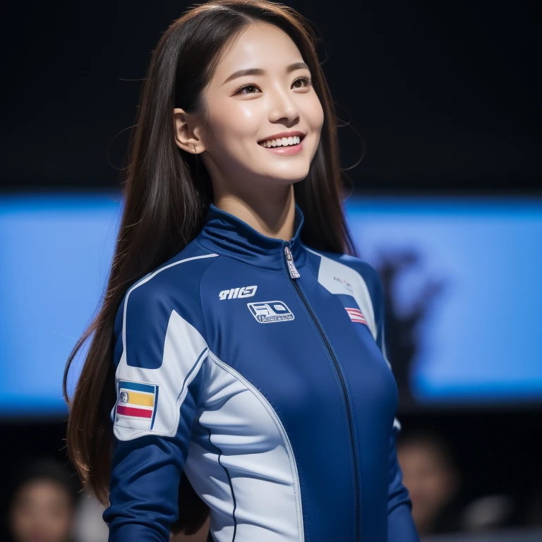 8k, masterpiece, highest quality, Photorealistic, Very detailed, 1 girl, Asian, An athletic body, Realistic skin texture, Long Hair, (chest:1.0), (smile:1.0), Staring at the audience, (A form-fitting speed skating suit), (Without helmet), Cinema Lighting, Face Focus, Beautiful Eyes, Detailed face, Bright Face, Dawn, Racing car on background,Promide style