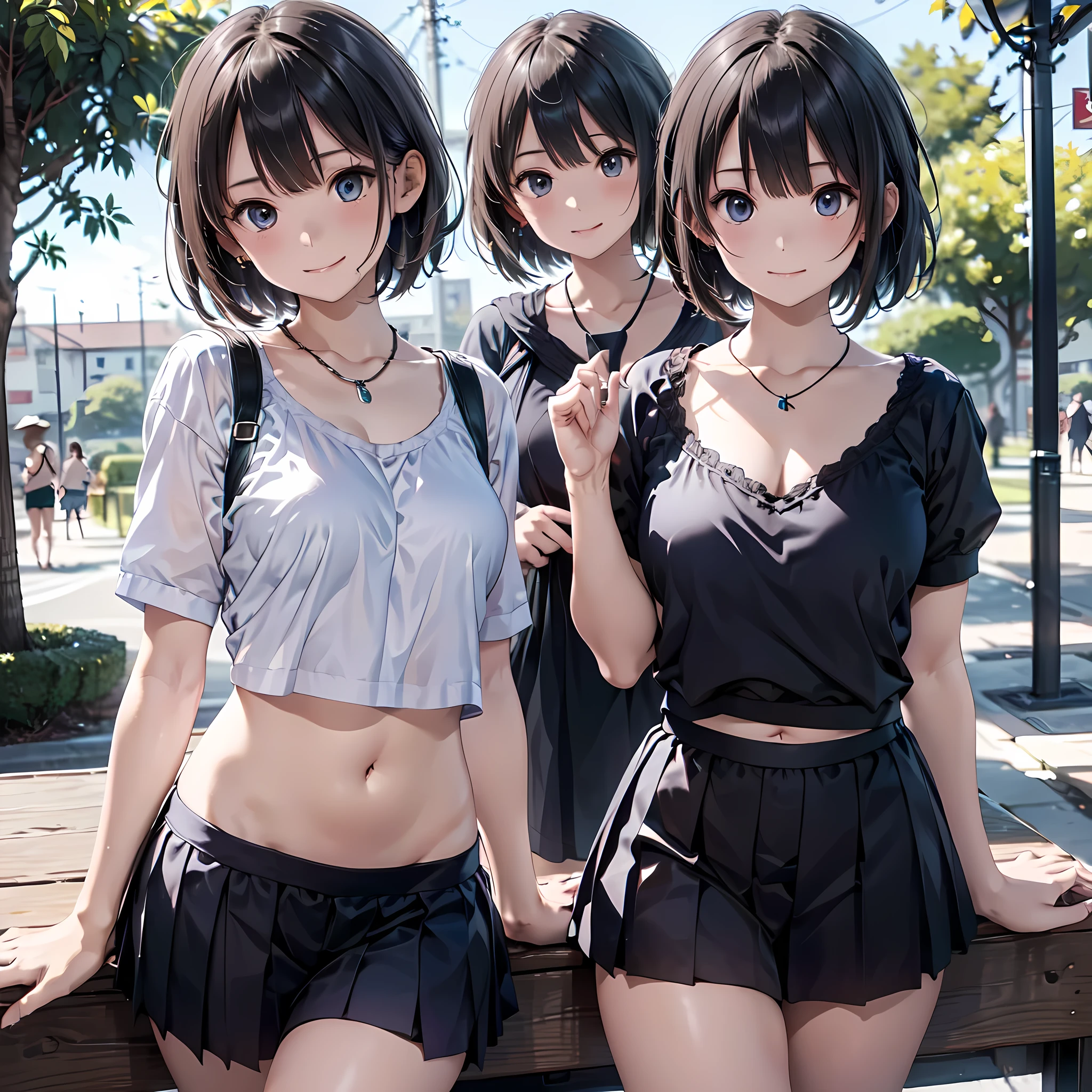 Super detailed, Best Quality, High resolution, Moe Anime, ((((Three cute  girls with black hair are sitting.)))), (Baby Fig eyes:1.5, Droopy eyes:1.5)), Pretty eyes, View your viewers, Light skin, Focus on the face, ((The upper body is in transparent lingerie and the lower body is naked.)), (Nipples are visible through the fabric:1.5), Belly button, Shoulder Bare, ((Flat Chest)), In the park with cherry blossoms falling, Knee-high boots