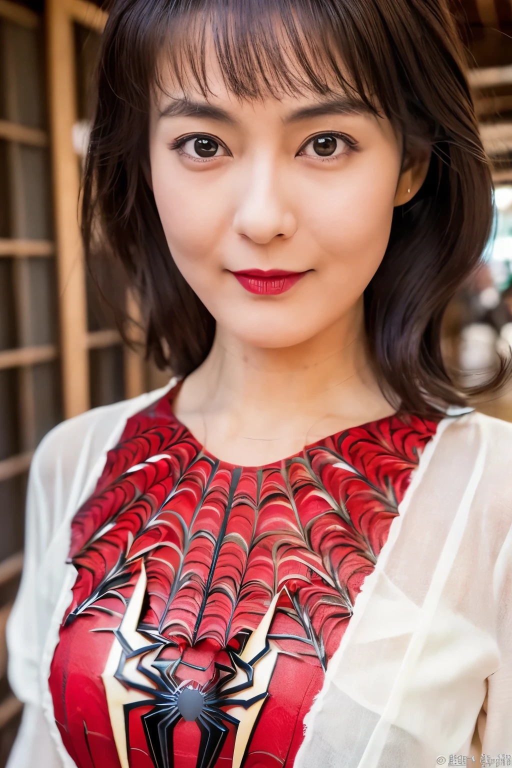 Masterpiece, high quality, high resolution, 8K, ((Skinny Japanese 30s woman in a costume of the movie spider-man)), cute face, natural makeup, detailed face, detailed eyes, a photo that feels endearing, (Full-body photo)