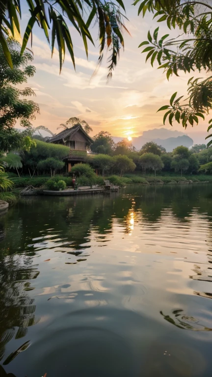 8k, high quality, Vietnamese background, a sunset afternoon, a small lake, a bamboo bush by the lake with bamboo shadows on the water,