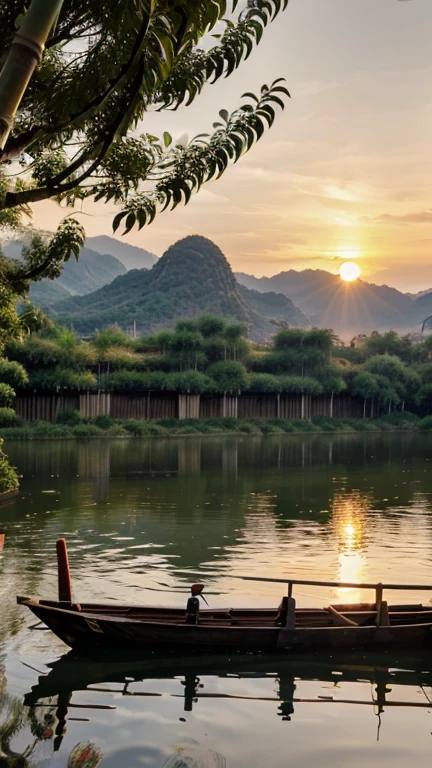 8k, high quality, Vietnamese background, a sunset afternoon, a small lake, a bamboo bush by the lake with bamboo shadows on the water,