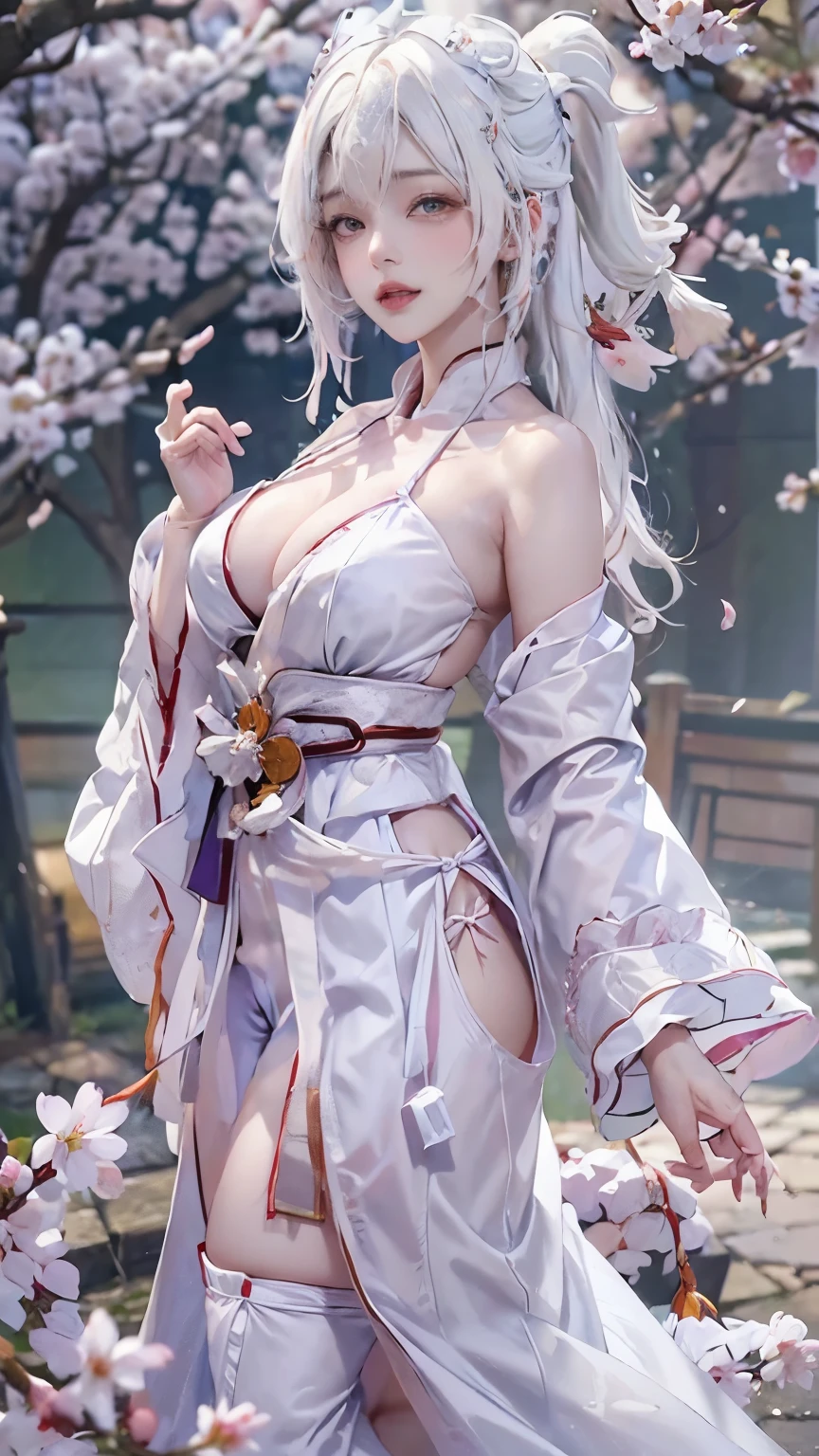 ((Styled white hair:1.5))(美しいMiko costumeを着た巫女:1.3),(Miko costume:Independent long sleeve、Exposing shoulders、I can see her cleavage) Symmetric, (highest quality, Realistic:1.4, RAW Photos:1.2, Cinematic Light, Highly detailed illustration), (1woman:1.3, alone), (Asian 25 year old girl, Very delicate face, Super beautiful face, Very delicate eyes, Highly detailed nose, Very sophisticated mouth, Highly detailed facial features, 輝くskin), woman, (large breasts), skin, Lip gloss, Laughter, Full Body View, High resolution, High resolution, 8k, Masterpiece 2:1,（ Shrines in Kyoto、cherry tree,Scattering cherry blossoms）cleavage cutout,ruanyi0007、CuteGirl
