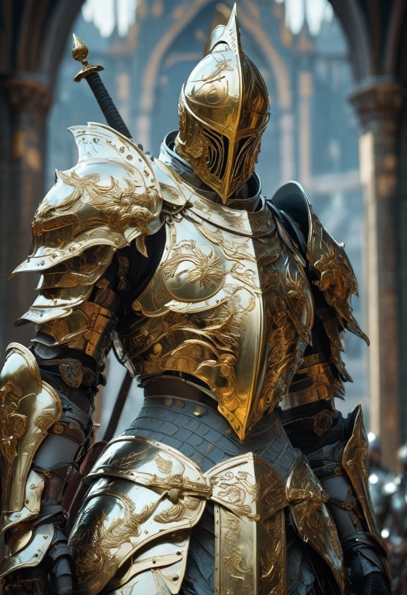 Hero of Another World, Luxurious Armor, (highest quality, masterpiece, Representative works, Official Art, Professional, Super intricate details, 8k)Fantasy Warrior, ASCII Art Design Armor, Intricate Design, Realistic, 8K Ultra Graphics、(((Final Fantasy)))、knight、cool、battlefield、Background Graphicetal Armor、shield、gold、sword