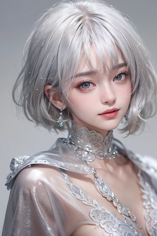 (masterpiece:1.3), (8k, Photorealistic, Raw photo, Best image quality: 1.4), Fair-skinned fairy woman、short Haircut、hair blowing , 17 years old, Cleavage:2.0、Super detailed face、Attention to detail、double eyelid、Put your chest together、Sharp focus:1.2、Beautiful woman:1.4、Silvery white hair、highest quality、masterpiece、超A high resolution、(Photorealistic:1.4)、Highly detailed and professionally lit smile、Loose, light, futuristic clothing、Shoulder out、thin、Serious expression、Short-haired、Deadly position, gorgeous earrings, one person