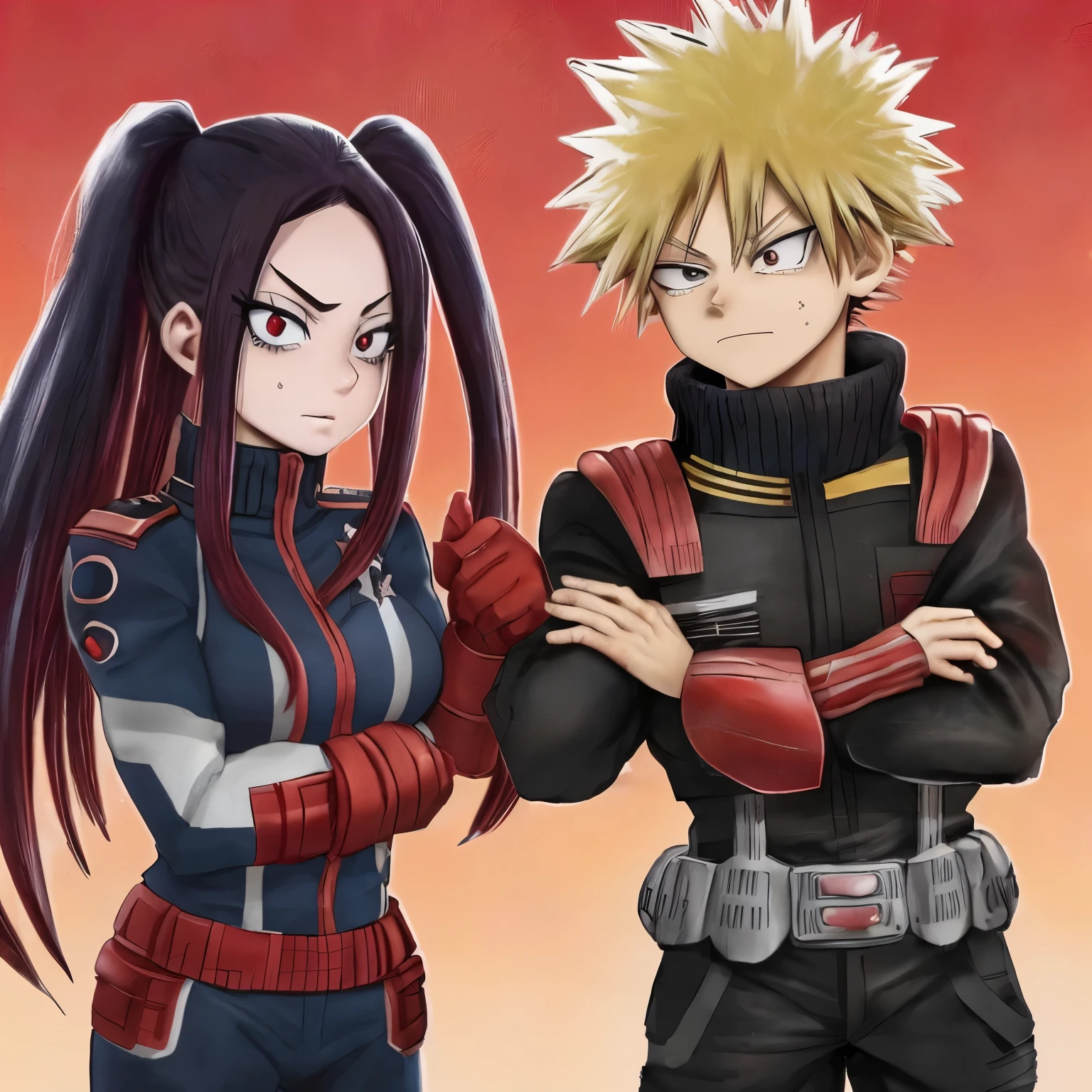 Chica delgada y linda, ojos rojos brillantes e intimidantes, cabello negro con rayas rojas, uniforme de my hero academia, next to Katsuki Bakugo looking at each other with hatred