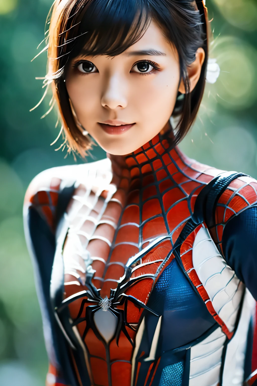 Masterpiece, high quality, high resolution, 8K, ((Skinny Japanese 30s woman in a costume of the movie spider-man)), cute face, natural makeup, detailed face, detailed eyes, a photo that feels endearing, (Full-body photo)