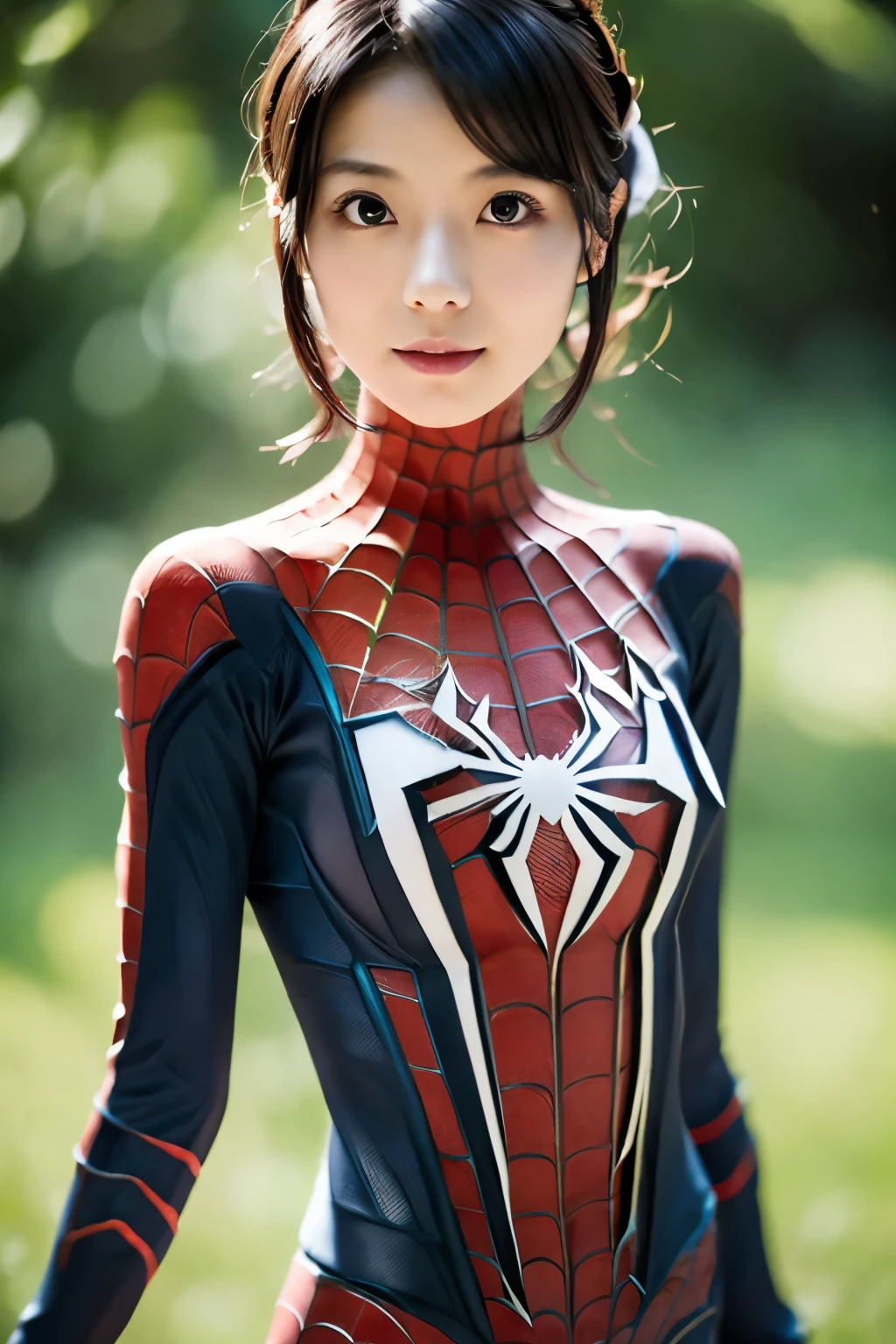 Masterpiece, high quality, high resolution, 8K, ((Skinny Japanese 30s woman in a costume of the movie spider-man)), cute face, natural makeup, detailed face, detailed eyes, a photo that feels endearing, (Full-body photo)