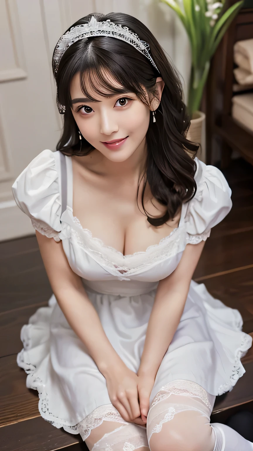masterpiece、超High resolution、She is so cute and young like an idol.々A beautiful 18-year-old Japanese girl、Gentle and cute、A kind smile Her job is a maid I'm on all fours wiping the living room floor with a cloth. She is wearing a Japanese maid outfit、Large Bust Maid outfit that clearly shows cleavage whole body、RAW Photos、Genuine、High resolution、Life、No copyright notice