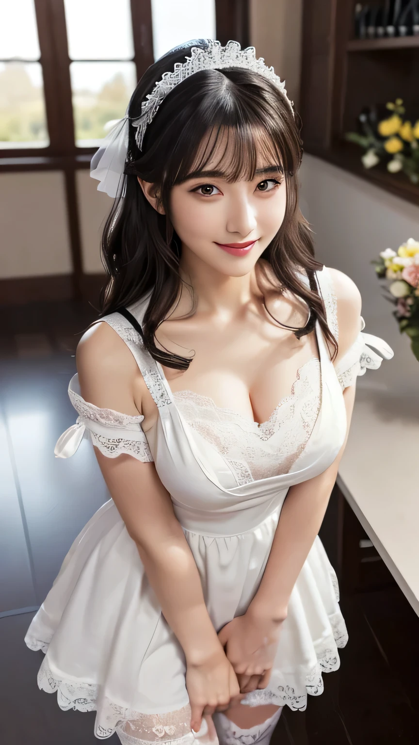 (masterpiece:1.2, highest quality), (Realistic, photoRealistic:1.4), Beautiful illustrations, (Natural Side Lighting, Cinema Lighting), 
View your viewers, Cowboy Shot, Front view:0.6, 1 girl, Day in Japanese, Maid, Perfect Face, Cute and symmetrical face, Shiny skin, 
(Long Hair:1.8, Wavy Hair:1.6, Black Hair), Asymmetrical bangs, Grey Eyes, Long eyelashes, (Large Breasts:0.9, Thick thighs), 
Beautiful Hair, Beautiful Face, Beautiful fine details, Beautiful clavicle, Beautiful body, Beautiful breasts, Beautiful thighs, Beautiful feet, Beautiful fingers, 
(({Maid dress | Apron dress}, Maid headdress, Maid shoes, Lace-up formal socks)), White panties, 
(Beautiful views), {Day|night}, {kitchen | dining room | living room}, Are standing, {Lift up the skirt}, (Cute smile, Upward glance), 