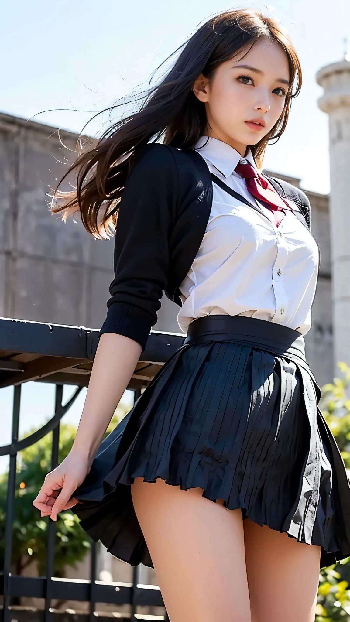 (The wind blows up my skirt:1.5), (Fantastic upskirt:1.5), high school girl, (Baby Face), (Small and slender figure), (Outstanding Style), (Detailed eyes and face:1.3), (high nose:1.3), (Detailed hand:1.3), (Anatomically correct hand:1.3), (A girl's small and beautiful hands:1.4), (Seductive narrow eyes:1.3), (Moisturized and alluring lips:1.3), (Clear white skin), (Realistic:1.4), (Professional Lighting), (Accurate Shadows:1.2), (((Highest quality, Ultra high definition, Masterpiece))), (looking at the camera:1.4), ((clear々A funny expression)), (clear楚な蝶ネクタイ:1.4)