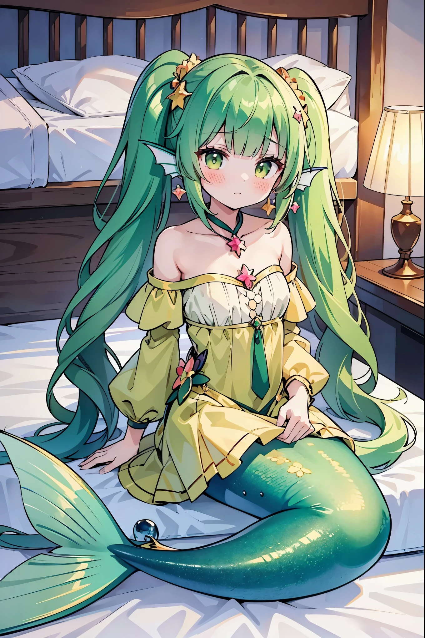 masterpiece, best quality,(Full fingers),A woman,blouse detailed with gold,Mermaid,TRAPTRIXSERA, TWINTAILS,绿色的Mermaid尾巴,head fins,full-body shot,bedroom,Sitting,charming脸(Kawaii, charming,Soft)