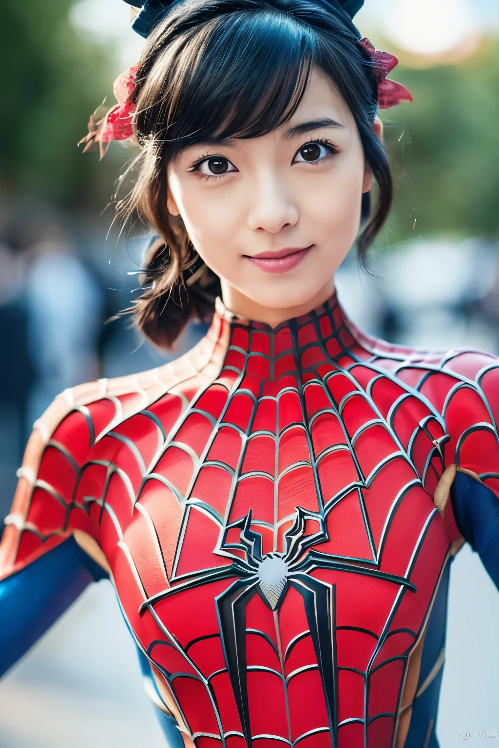 Masterpiece, high quality, high resolution, 8K, ((Skinny Japanese 30s woman in a costume of the movie spider-man)), cute face, natural makeup, detailed face, detailed eyes, a photo that feels endearing, (Full-body photo)